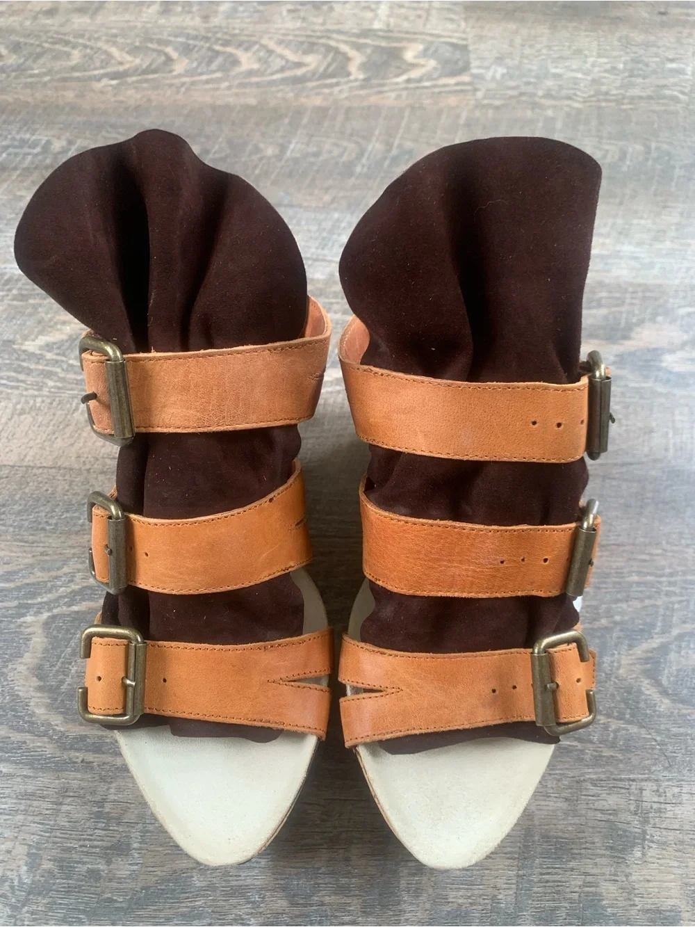 Women’s Boho Wedge Platform Brown Suede and Tan Leather Buckle Sandals
